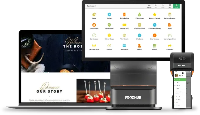 POS Pro Max pranë një uebfaqeje restoranti dhe një pajisjeje dore